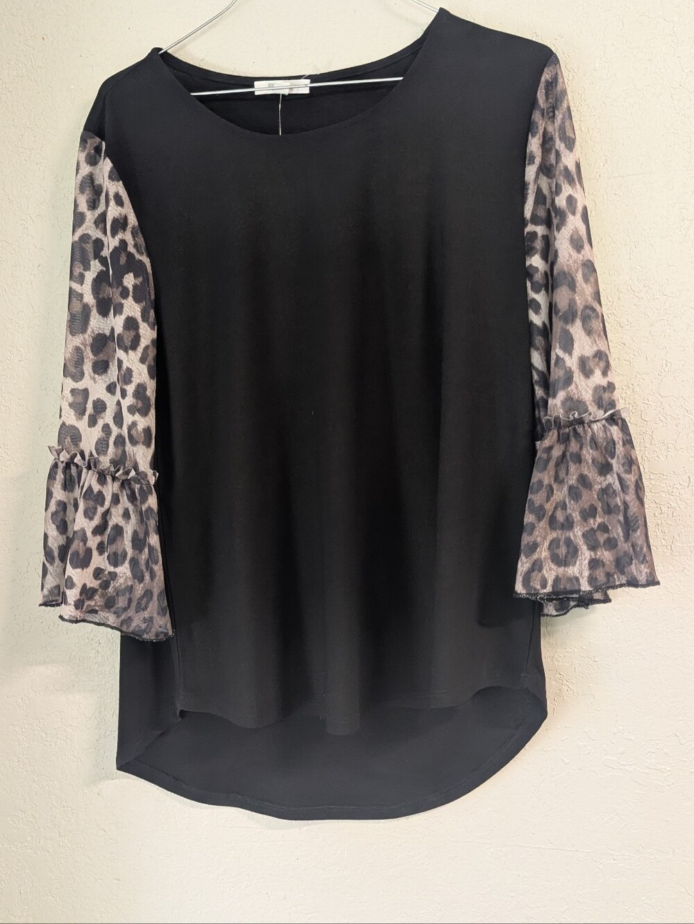 Mesh Leopard Print Blouse M Ruffle Bell Sleeve Elevated Basic Capsule Staple